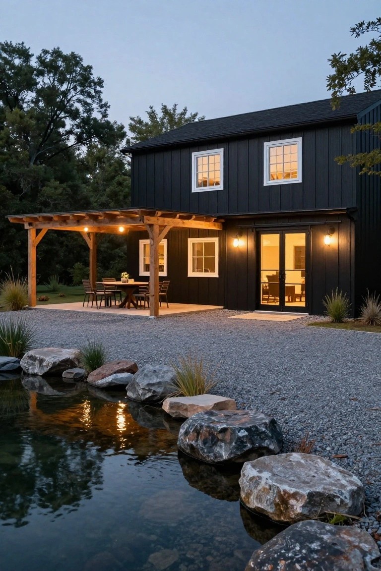 Black wood-clad two-story barn-style house exterior at dusk with lit white-framed windows, wooden pergola-covered patio holding a dining table and chairs, gravel yard, and rock-lined pond reflecting lights.