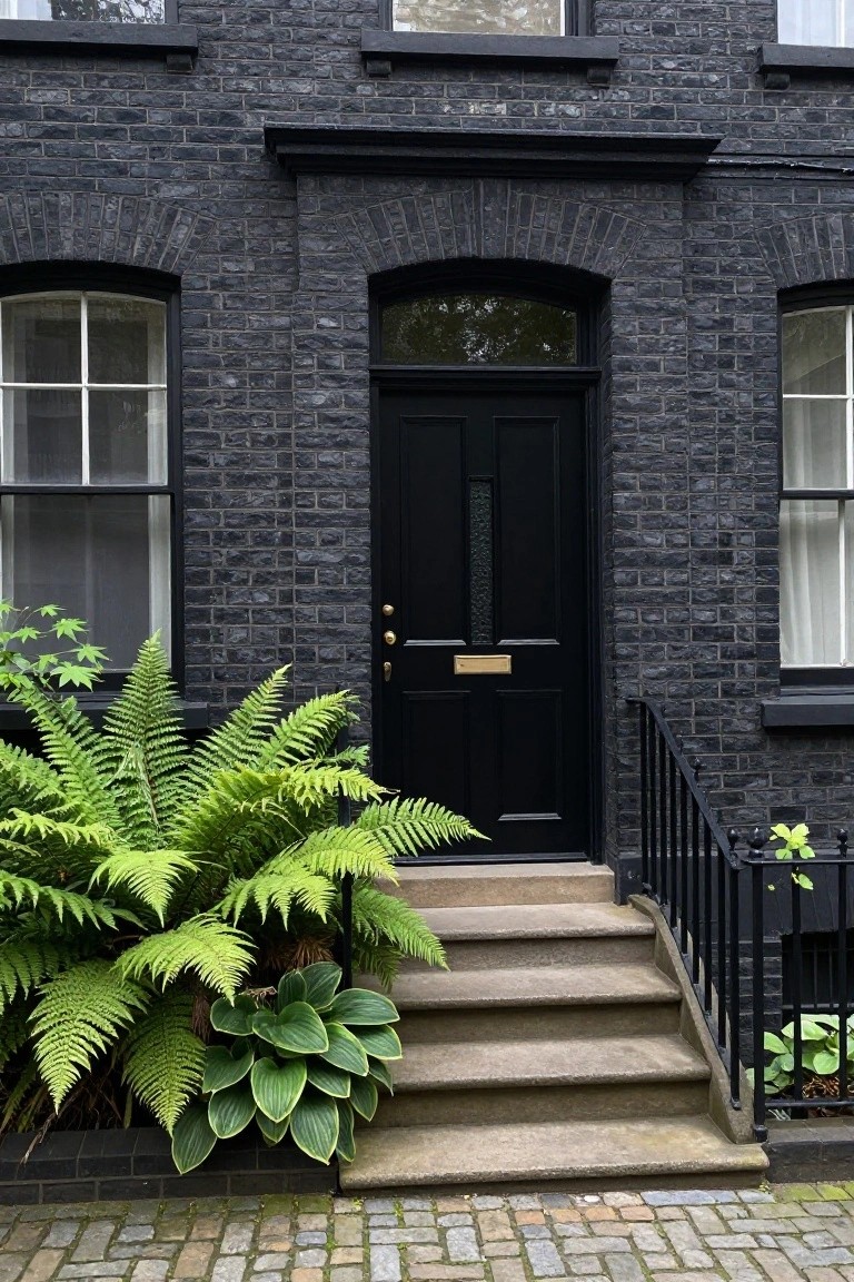 Black brick townhouse exterior featuring arched windows, a centered black front door with brass knocker, concrete steps with black iron railing, and green ferns and hostas at the base.