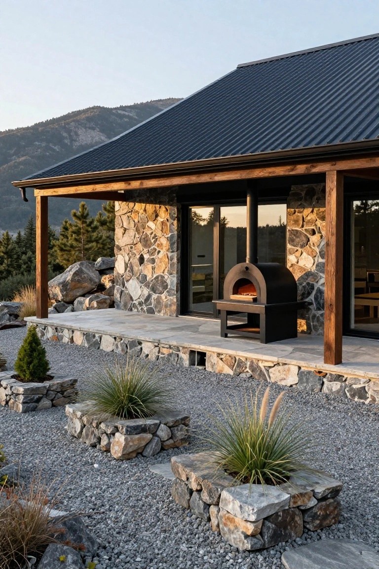 House exterior featuring black corrugated metal roof, stone walls, timber support posts, black outdoor pizza oven on stone patio, gravel landscaping with plants, and mountain backdrop at dusk.