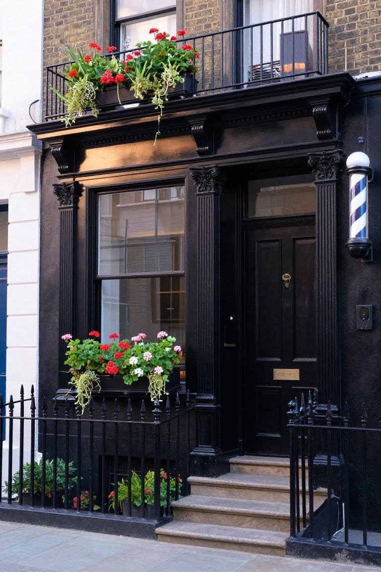 Brick terraced house exterior with black painted columns, door, window frames, and railing, featuring red geranium flower boxes on windows and entry, plus a white barber pole lamp mounted on the wall.