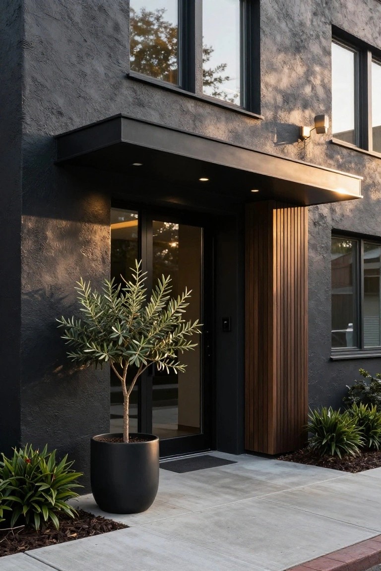 Black stucco house exterior featuring a cantilevered metal awning over a glass entry door flanked by a vertical wood slat pillar, a large black potted olive tree, and low ground plants on a concrete path.