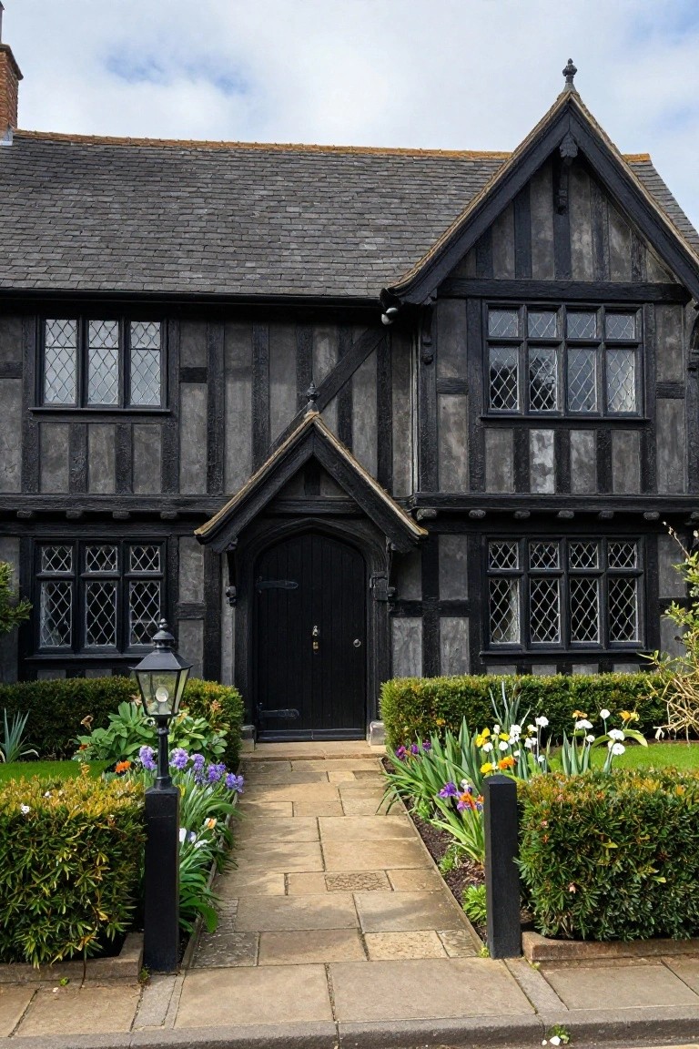 A two-story black half-timbered house with gray infill panels, multiple leaded glass windows, arched black front door, lantern post light, boxwood hedges, flower beds, and stone path leading to the entrance.