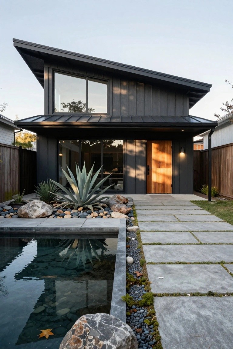 Modern two-story black-clad house exterior with slanted roof, large glass window, wooden front door, concrete path leading to a small pool, and agave plants with rocks in the front yard.