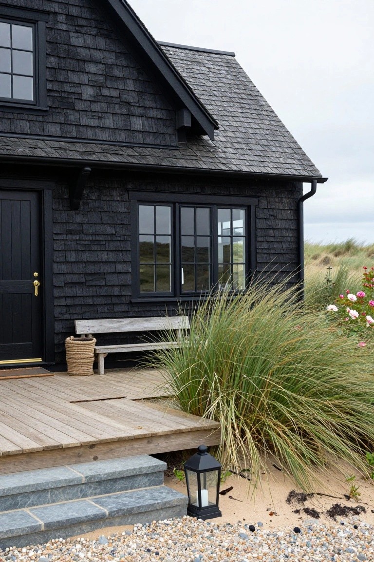 Black shingle house exterior with wooden porch, bench, front door, window, lantern, tall grasses, roses, stone steps, and sandy beach dunes.