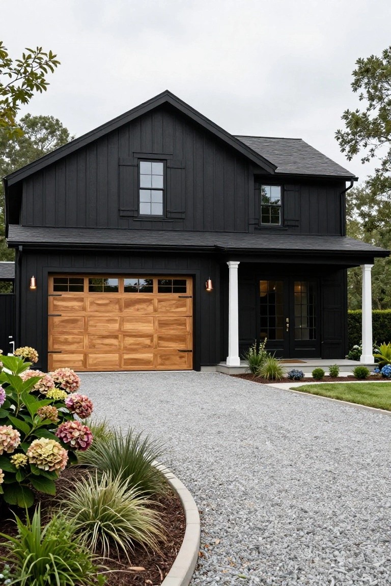 A two-story black board-and-batten house exterior with a large wood garage door, white porch columns, black front door, and gravel driveway edged by hydrangeas and grasses.