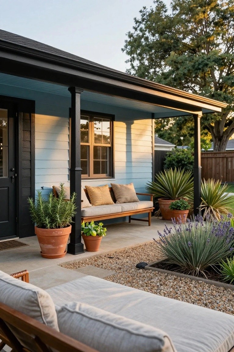 Light blue vertical board-and-batten siding house with black wood door, black porch posts and trim under blue porch ceiling, wooden bench with beige cushions, potted rosemary and succulents, and gravel yard with agave plants and lounge chair.