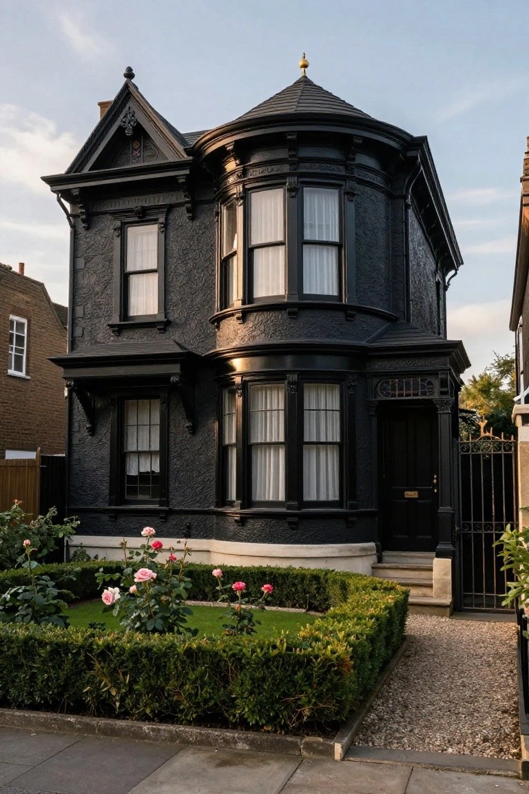 A two-story black Victorian house with ornate carvings, bay windows, a curved turret, black front door, and a small front garden featuring pink roses, green lawn, and boxwood hedges enclosed by a black iron gate.