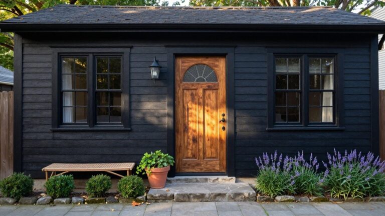 Black shingled house exterior with wooden arched door featuring frosted glass panel, wall-mounted lantern light, adjacent windows, potted lavender, rattan chair, and stone steps.