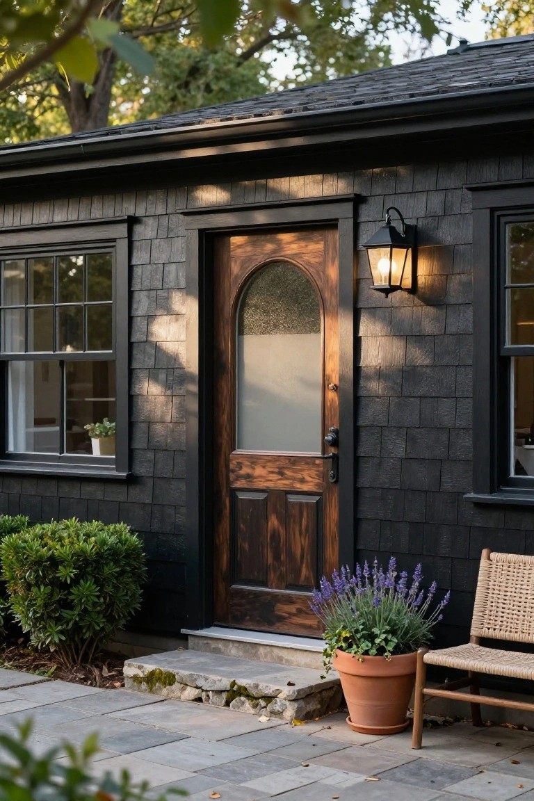 Black shingled house exterior with wooden arched door featuring frosted glass panel, wall-mounted lantern light, adjacent windows, potted lavender, rattan chair, and stone steps.