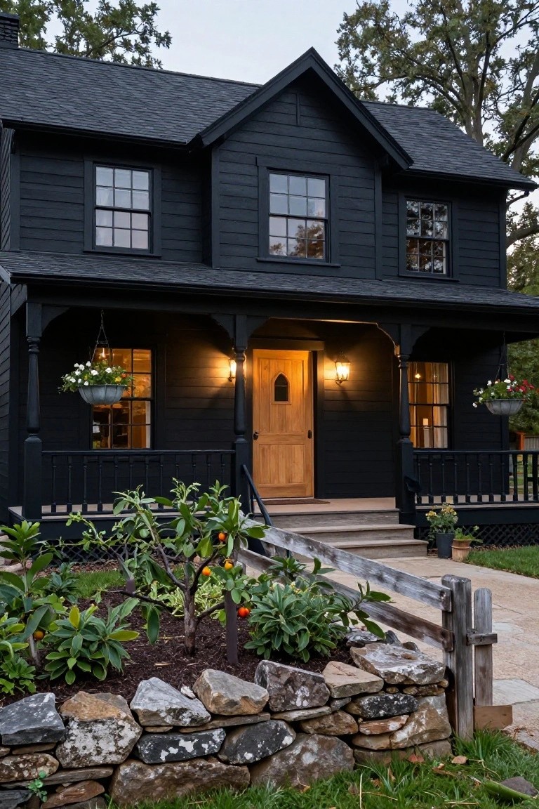 A two-story black clapboard house with gabled roof, wraparound porch, wooden arched front door flanked by lanterns, hanging plants, and a front garden bed with stone edging and citrus tree.