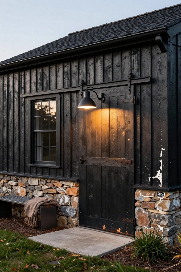Black wood shed with vertical board-and-batten siding, large sliding barn door lit by black gooseneck sconce, small window beside door, stone foundation, metal bench with blanket, and mulch landscaping.