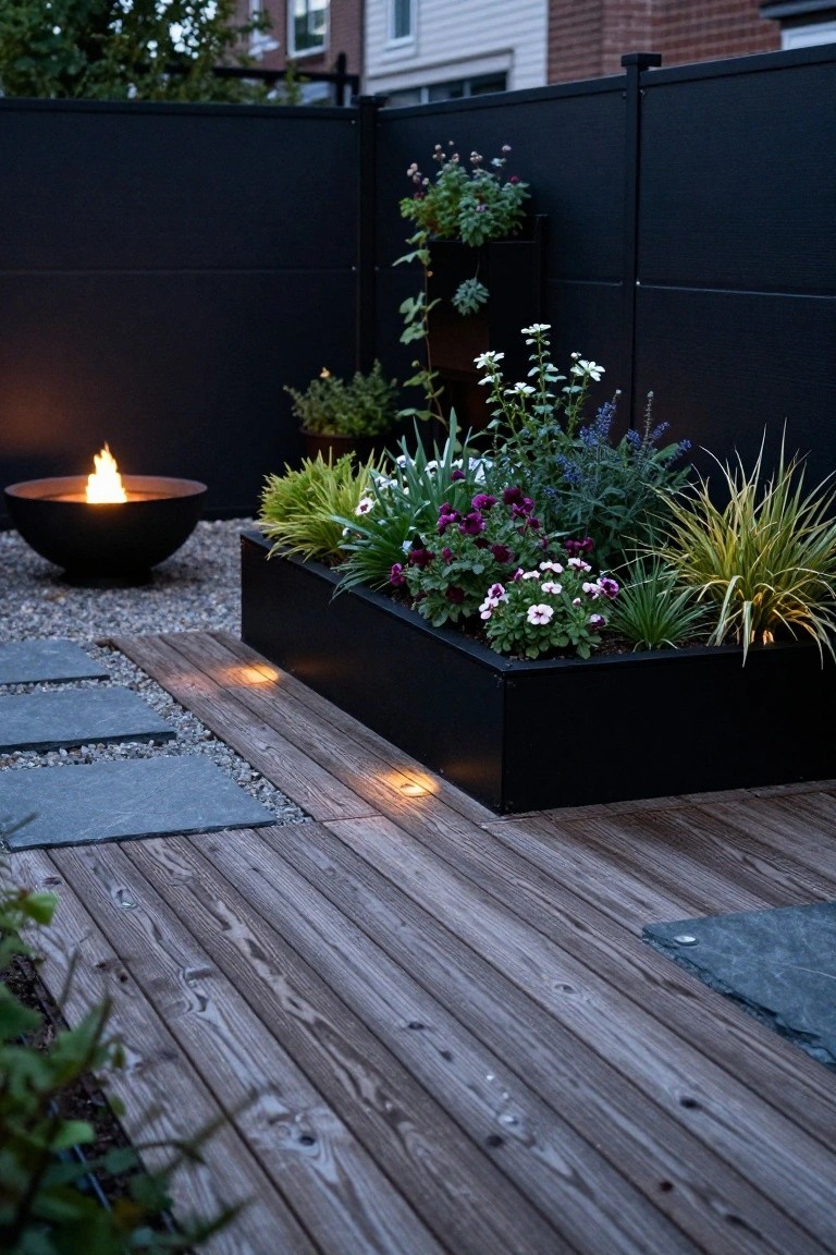 Wooden deck area at dusk featuring a black bowl-shaped fire pit with flames, a large black rectangular planter box filled with colorful flowers and grasses, black privacy fencing, stone pavers, and low built-in lighting.