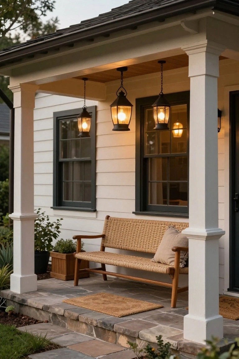 White clapboard house exterior with black-framed double-hung windows and front door under a covered porch, lit by three hanging black lanterns, a rattan bench with cushions, potted plants in wooden and black containers, and flagstone steps with a seagrass doormat.
