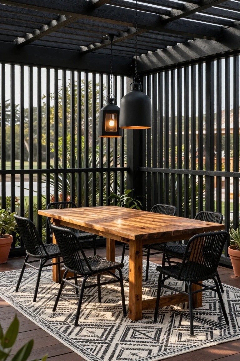 Outdoor dining setup under a black wooden pergola with two hanging matte black pendant lights over a rectangular wooden table surrounded by black rattan chairs, black slatted privacy screens, potted plants, and a black-and-white patterned rug on a wooden deck.