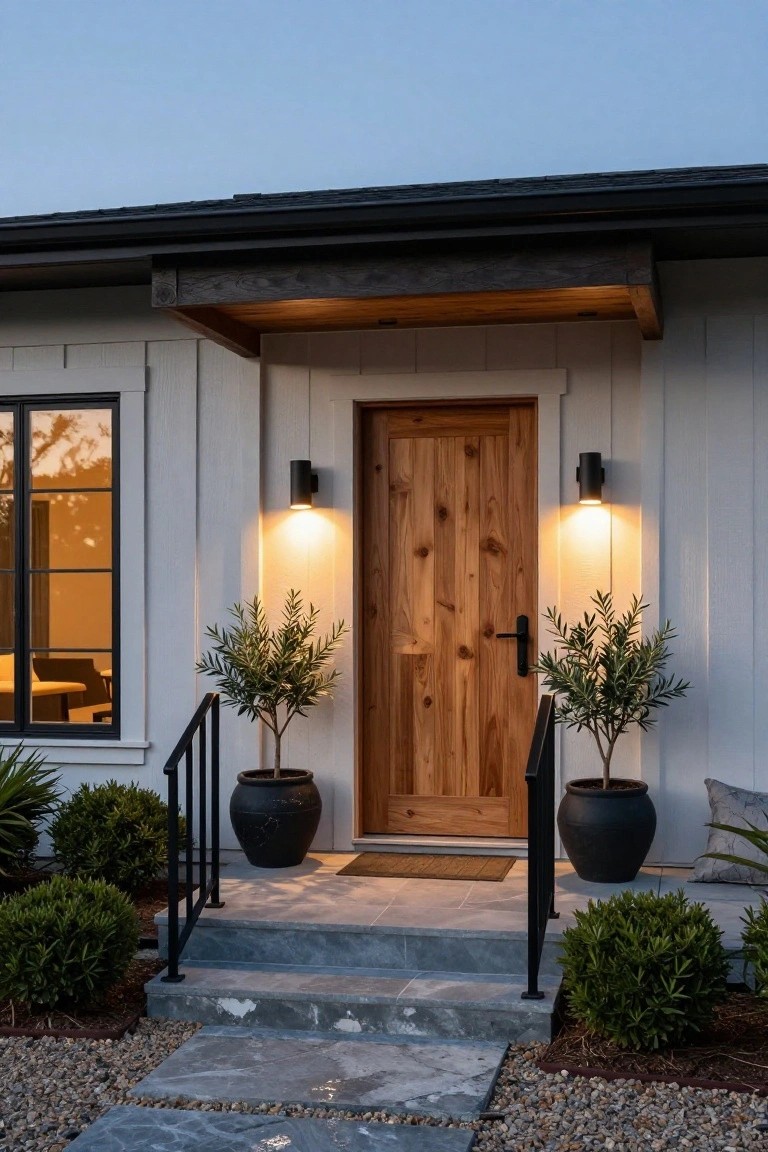 Front entrance of a house with white vertical siding, a knotted cedar wood door, two black cylindrical wall sconces emitting warm light, potted olive trees flanking the door, black metal railings on concrete steps, and gravel landscaping.