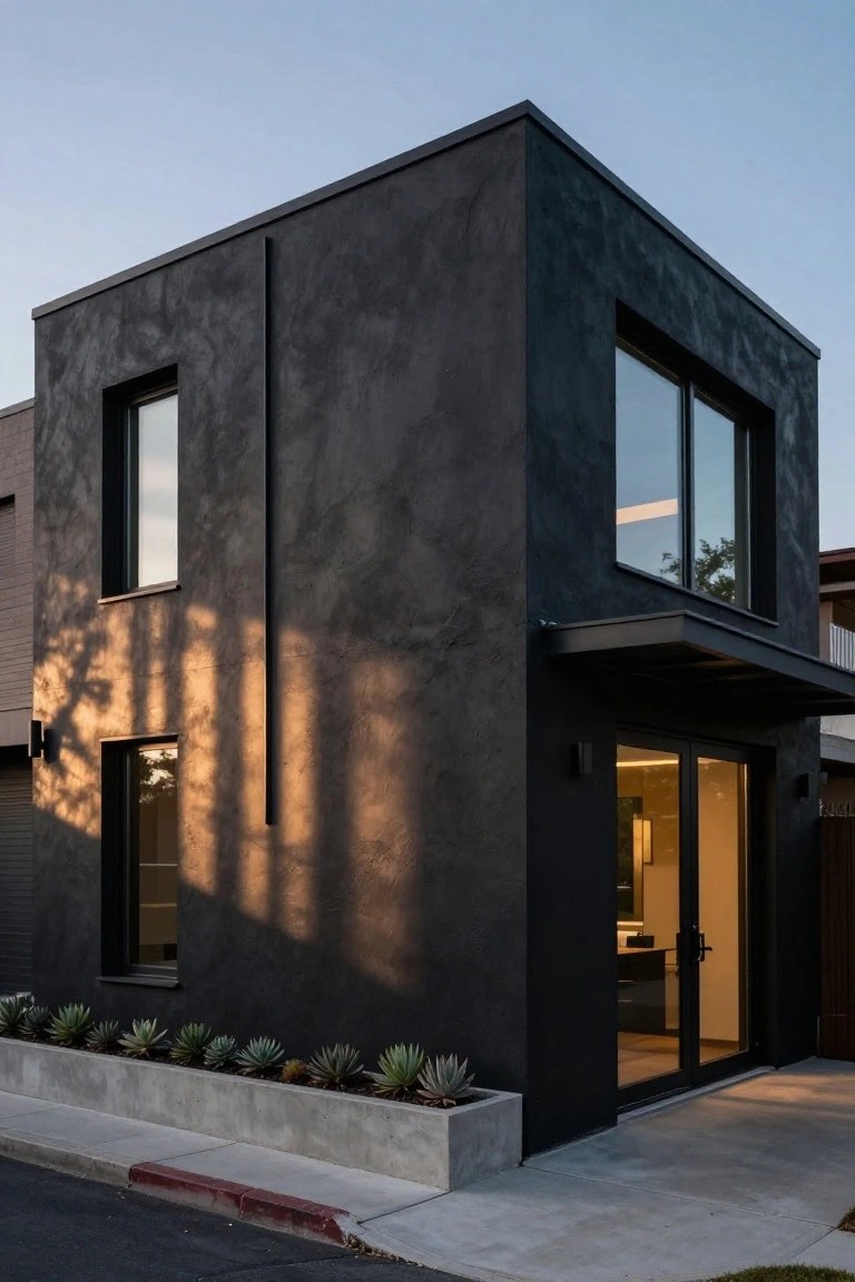 Corner view of a modern black stucco house exterior at dusk, with black wall sconces flanking a glass entry door, agave plants in concrete planters at the base, large windows, and warm light glowing from inside.