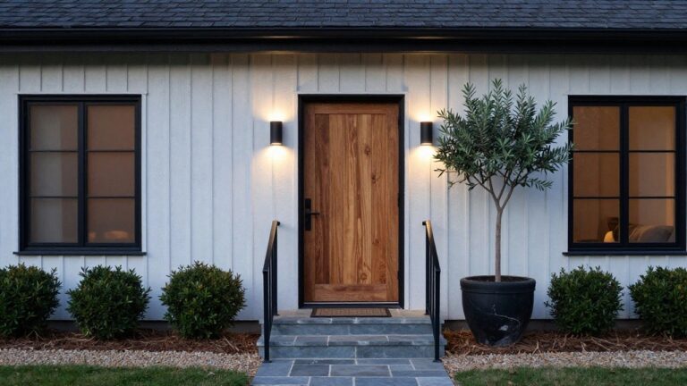 Front entrance of a house with white vertical siding, a knotted cedar wood door, two black cylindrical wall sconces emitting warm light, potted olive trees flanking the door, black metal railings on concrete steps, and gravel landscaping.