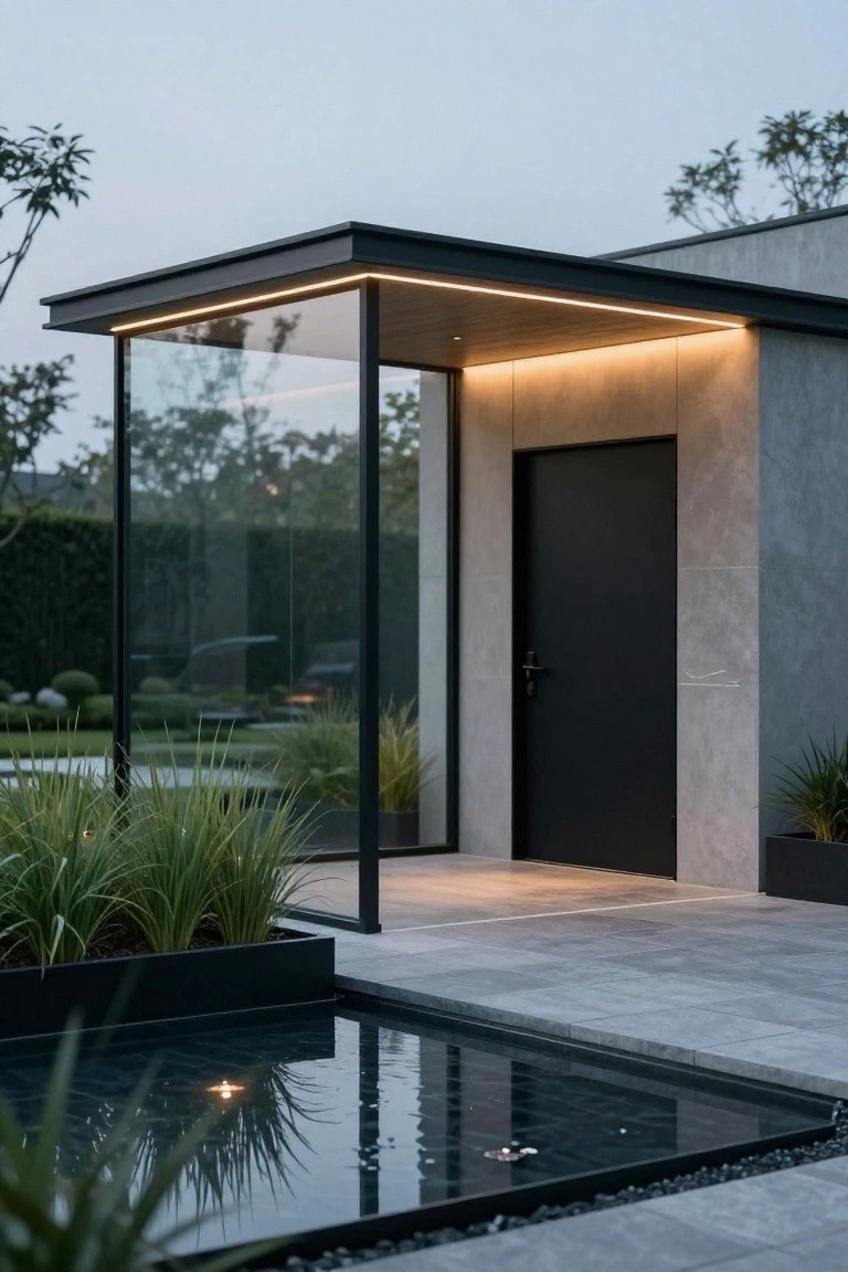 Modern house entrance with black steel-framed glass canopy lit by LED strips over a black door in textured concrete wall, next to potted grasses, landscaping, and rectangular reflecting pool on paved patio.
