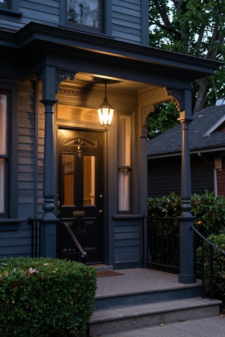 Dark blue clapboard house exterior at dusk with lit porch, hanging lantern above black front door, ornate columns, and boxwood shrubs along steps.