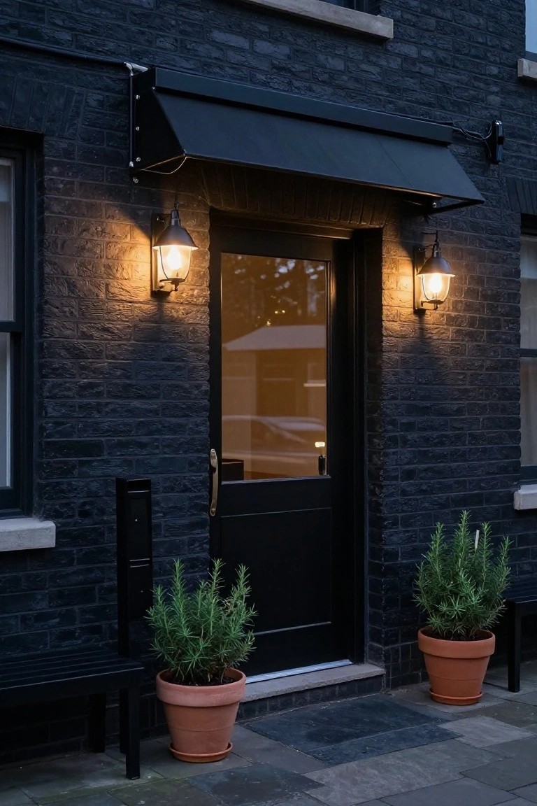 Black brick house facade featuring a glossy black front door with glass panels, flanked by two lit black lantern wall sconces under a black awning, with potted rosemary plants and a black metal bench on a stone pathway.