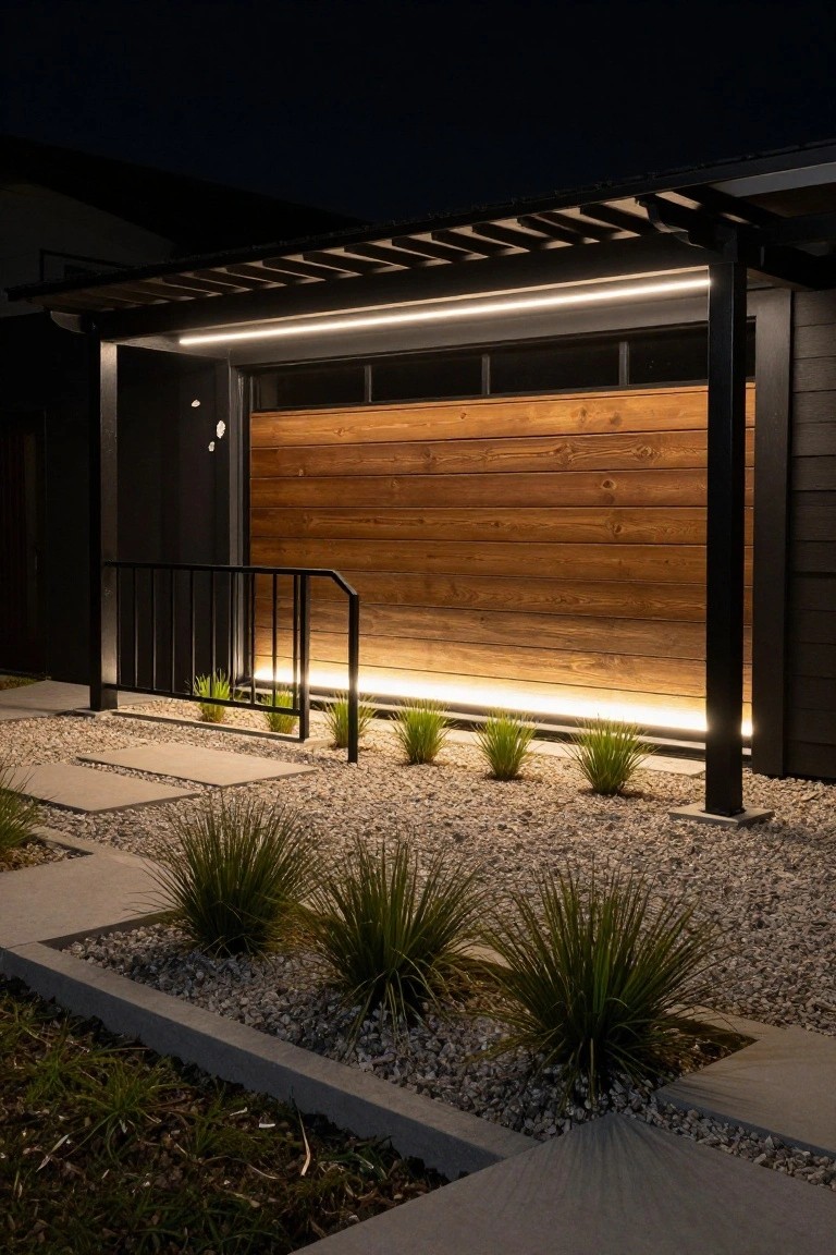 Night view of modern house exterior with wooden garage door, black metal supports and railing, continuous LED strip lighting under the overhang and along edges, gravel ground cover, and ornamental grasses.