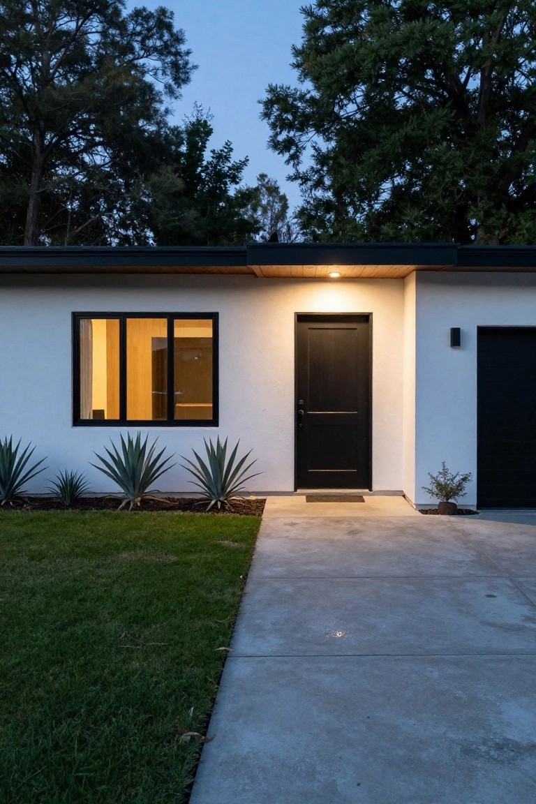Modern white stucco house exterior at dusk with black front door lit by recessed overhead light, black-framed window, agave plants along the base, concrete walkway, lawn, and attached black garage door.
