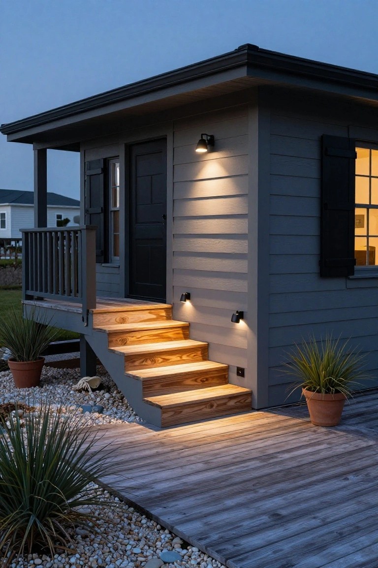 Dark gray wood-sided house exterior with black front door, wooden steps lit by under-step lights and black wall sconces, wooden deck, gravel ground cover, potted plants, and distant houses at twilight.