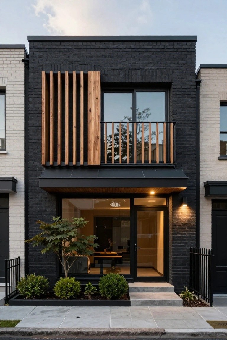 Modern two-story black brick house exterior with vertical cedar wood slats screening a second-floor balcony, wood-trimmed entry overhang and glass door, black metal fence, and front landscaping with shrubs and a small tree.