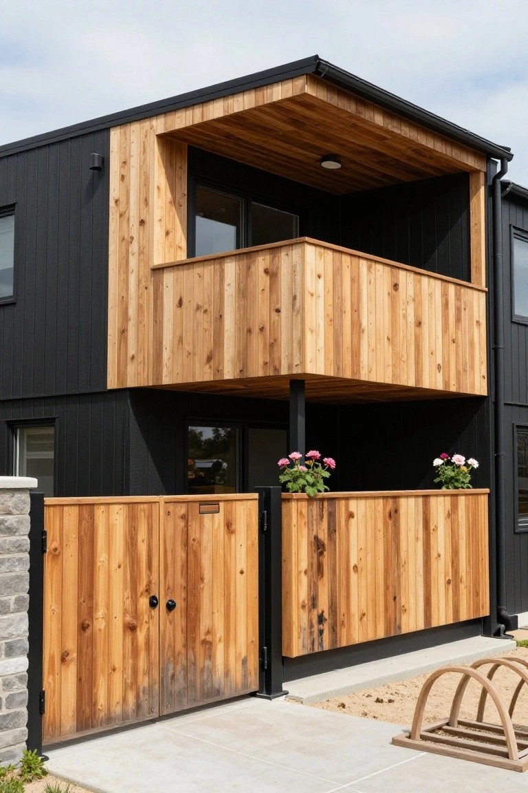 Two-story modern house with black vertical siding, cedar wood balcony and railing, wooden front gate, stone pillar, potted flowers on ledge, and bike rack nearby.