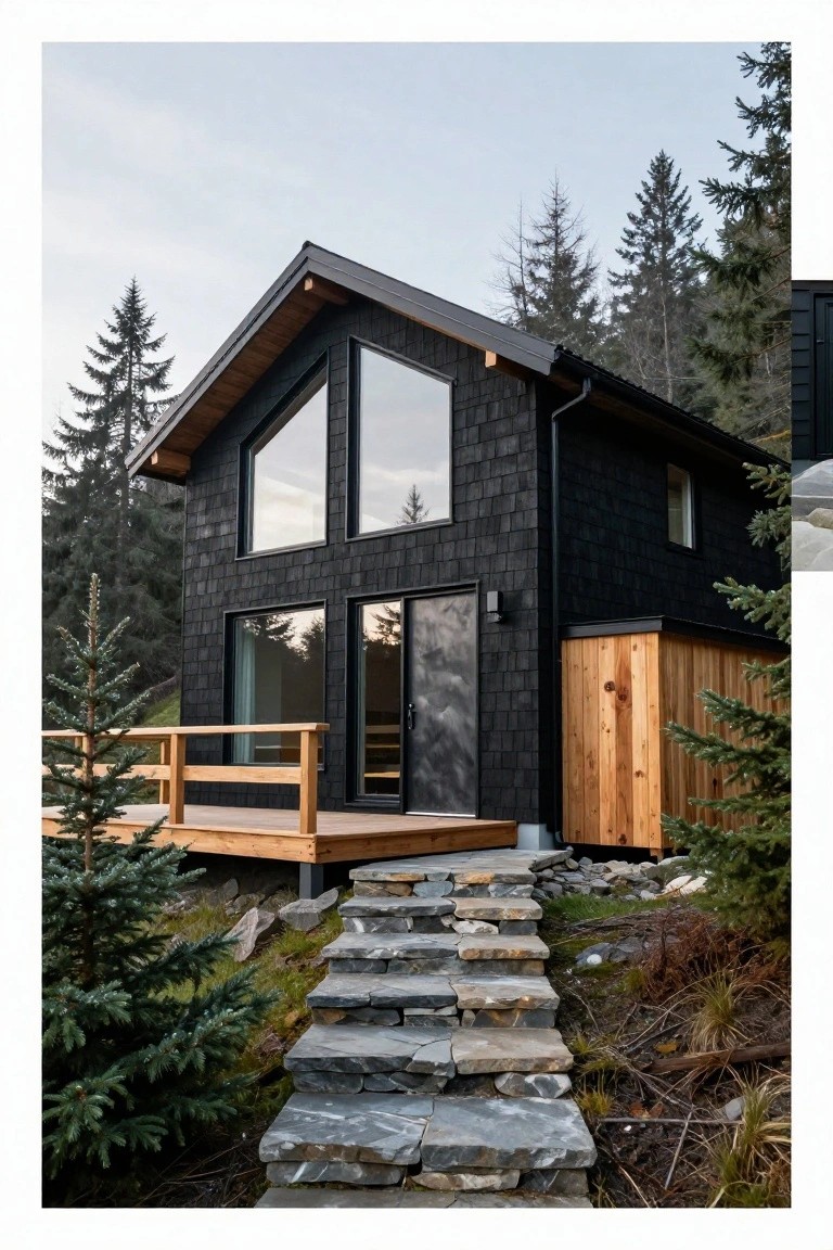 A two-story black shingle-sided house with a gabled roof, large triangular windows, sliding glass doors, a wooden deck with railing, and stone steps, surrounded by pine trees on a forested hillside.