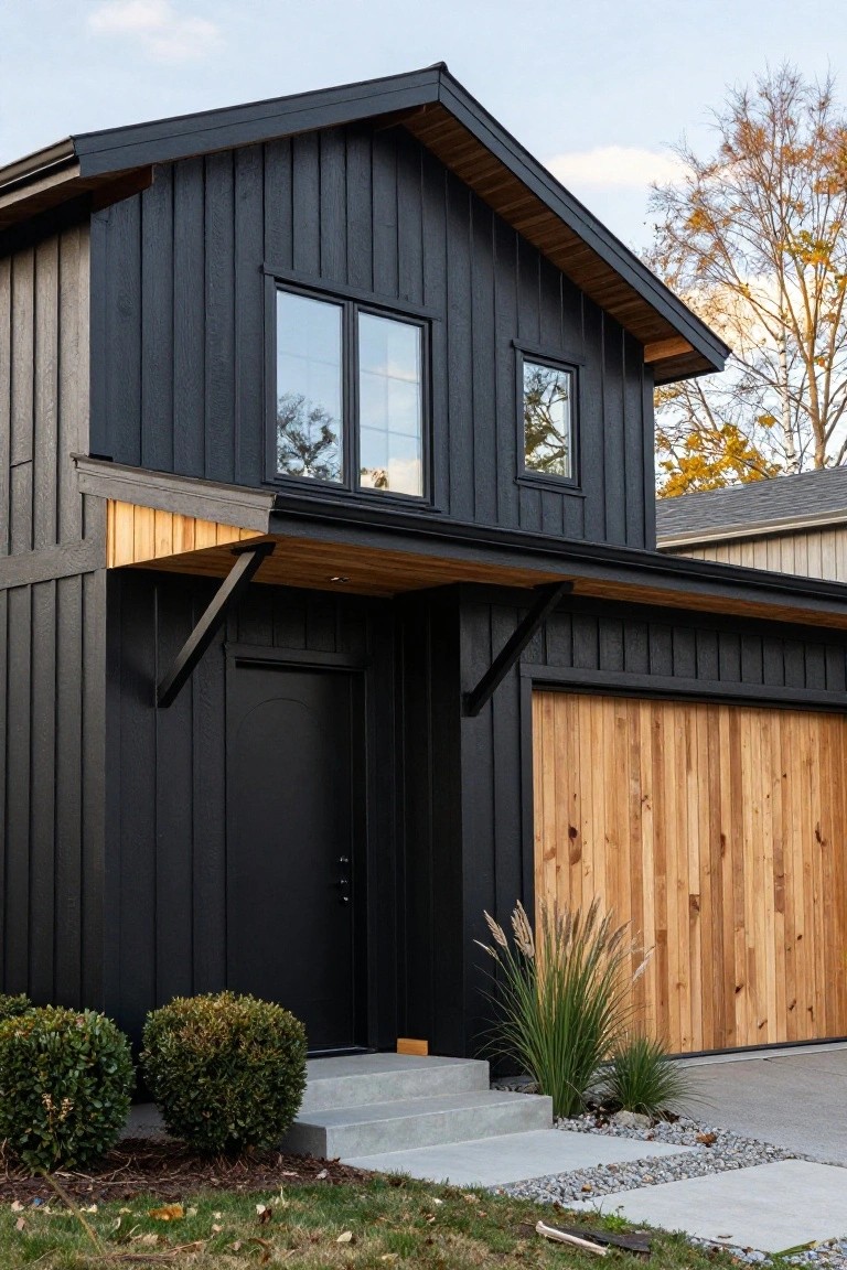 Two-story modern house with black board-and-batten siding, black-framed windows, natural cedar wood garage door, wooden entry overhang and trim, black front door, concrete steps, boxwood shrubs, pampas grass, and gravel path.