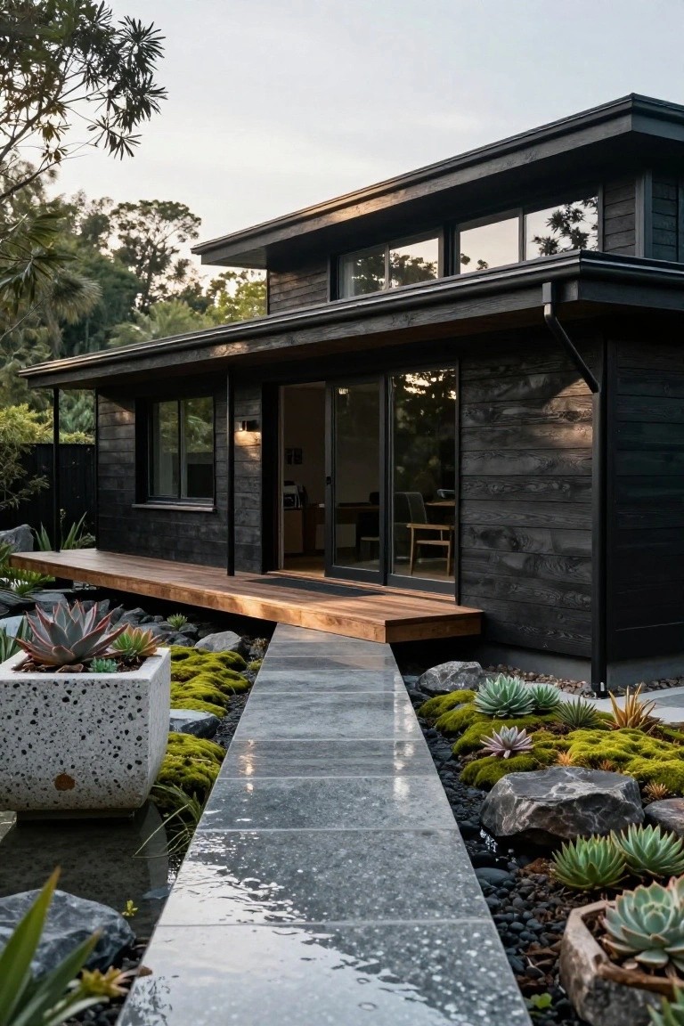 Black wood-clad modern house exterior with elevated cedar deck, open sliding glass door, side windows, and stone pathway edged with succulents, rocks, and moss.
