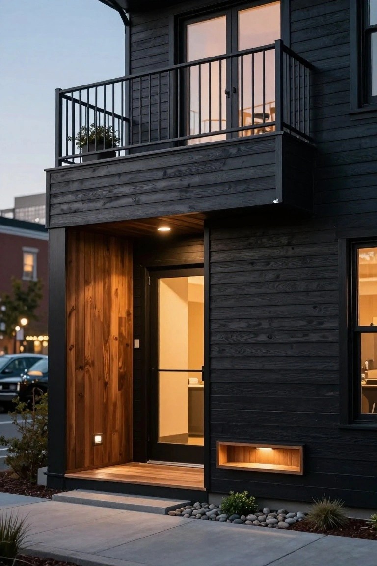 Black wood-sided house exterior at dusk with cedar accents around the front door and balcony, warm entry lighting, and small landscaped area with rocks and plants.