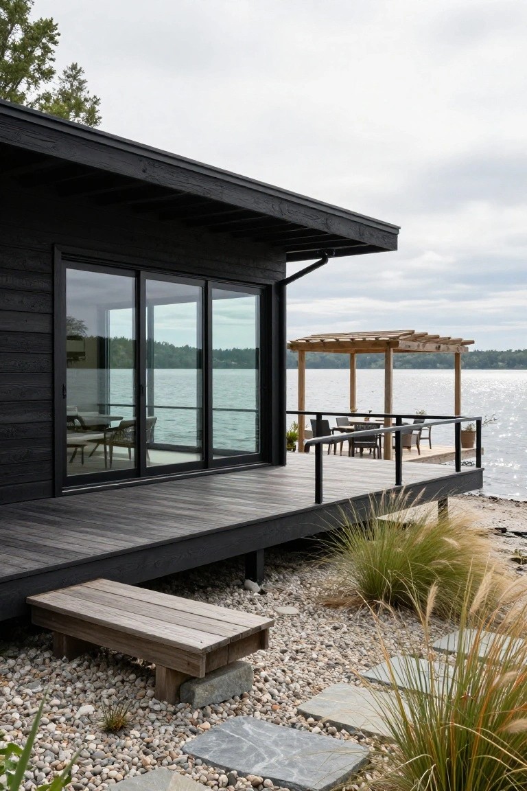 Black wood-clad house exterior with large sliding glass doors on a deck overlooking a lake, a wooden pergola-covered dock extending into the water, dark decking, gravel ground cover, stone steps, and tall grasses.