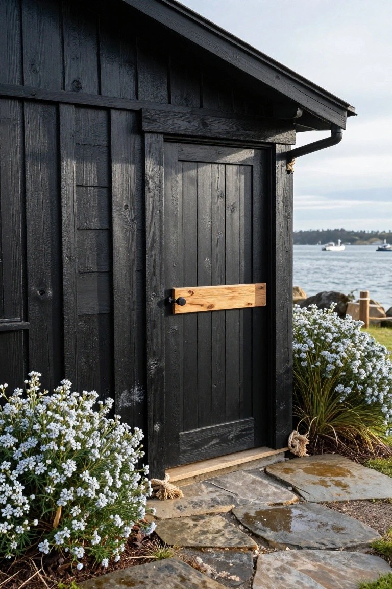 Black board-and-batten wooden shed with pitched roof beside a bay, dark paneled door accented by horizontal light wood cedar beam and black knob, white flowering shrubs on both sides, stone slab path at entry, nautical rope details nearby.