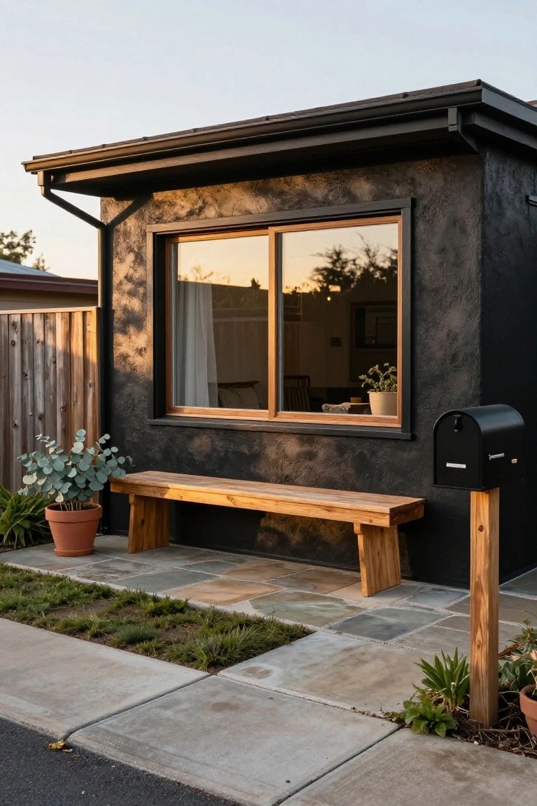 Black textured stucco house exterior featuring a large wood-framed window, wooden bench, potted eucalyptus plant, black mailbox on wooden post, stone pathway, and low ground cover at dusk.