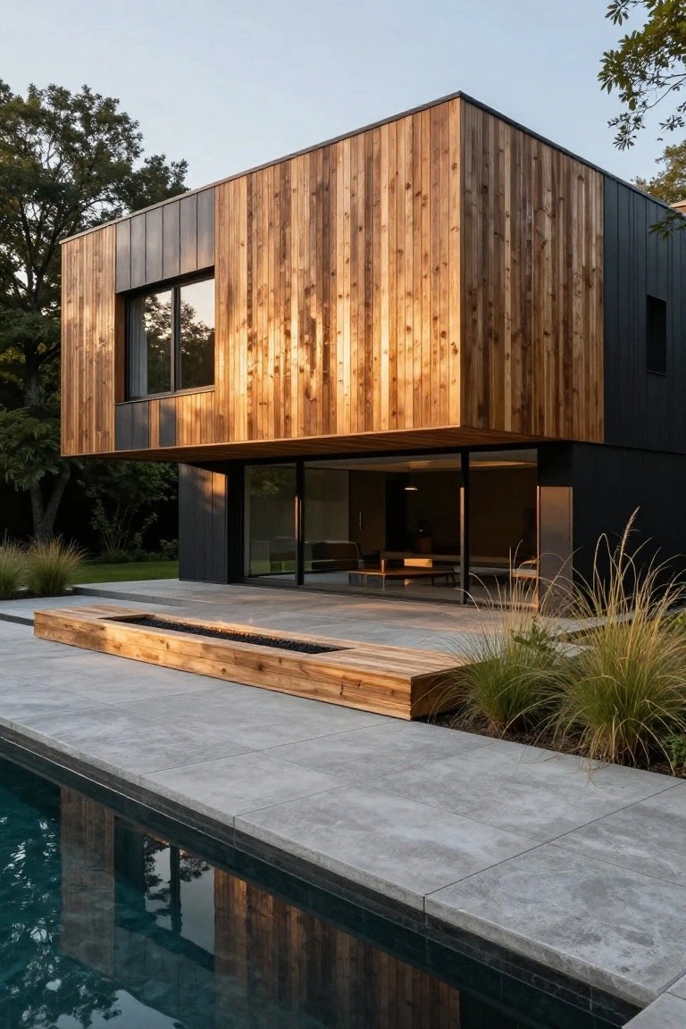 Modern corner-view house exterior with black metal cladding and vertical cedar wood panels, adjacent to a concrete pool deck, fire feature, and ornamental grasses.