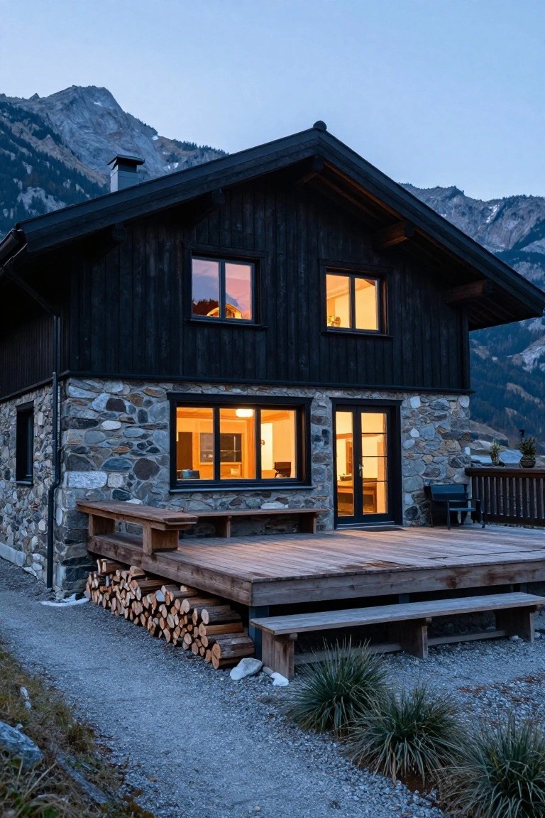 Black wooden chalet house with stone base, large lit windows, wooden deck with benches and firewood stack, surrounded by gravel path and mountains at dusk.