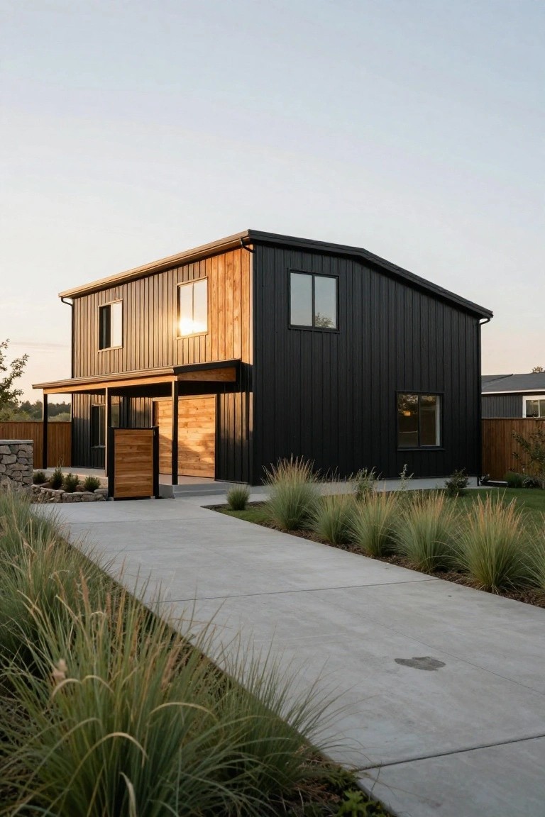 A two-story house with black corrugated metal siding and cedar wood accents on the entry gate, porch, and partial facade, next to a concrete driveway edged with ornamental grasses.