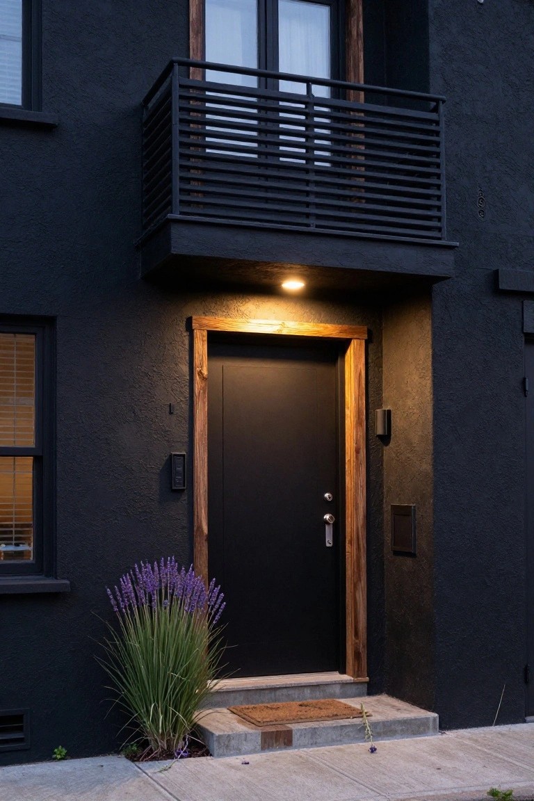 Black house exterior with dark front door in wooden cedar frame, upper balcony with railing, warm overhead entry light, lavender and grass plants beside concrete steps, and welcome mat.