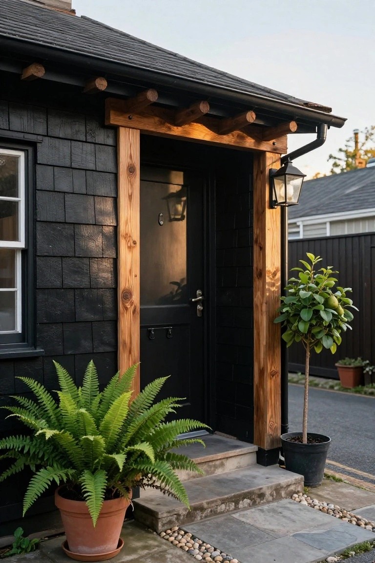 Black shingled house entrance with natural wood cedar beams and posts framing a black door, stone steps leading up, potted fern and tree nearby, and pebble-edged pathway.