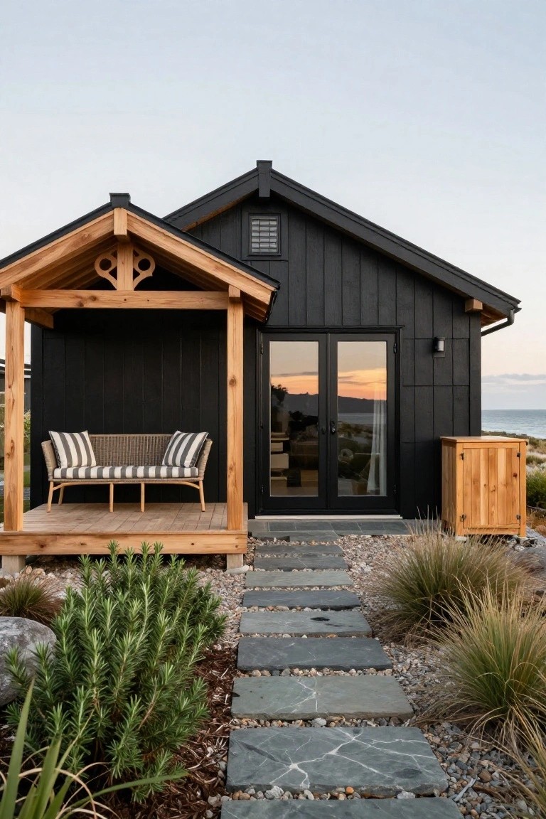 Black wood-sided house with gabled roof and cedar pergola-covered porch holding a striped rattan loveseat, glass doors, stone path, grasses, and rosemary plants near ocean at sunset.