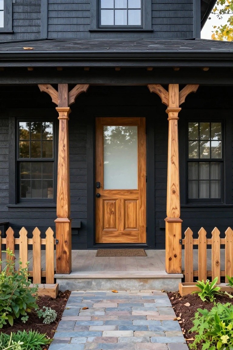 Front view of a black shingled house with light wood porch columns, Y-shaped brackets, paneled wood door with frosted glass, picket fence, and stone pathway.