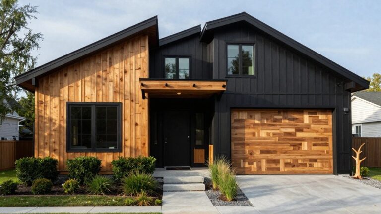 Two-story modern house with black board-and-batten siding, black-framed windows, natural cedar wood garage door, wooden entry overhang and trim, black front door, concrete steps, boxwood shrubs, pampas grass, and gravel path.