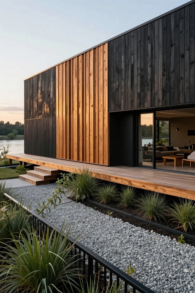 Elevated modern house with black vertical wood cladding on left side and golden cedar panels on right side, wooden deck with steps leading to gravel path edged by grasses and black fence, overlooking river at dusk.
