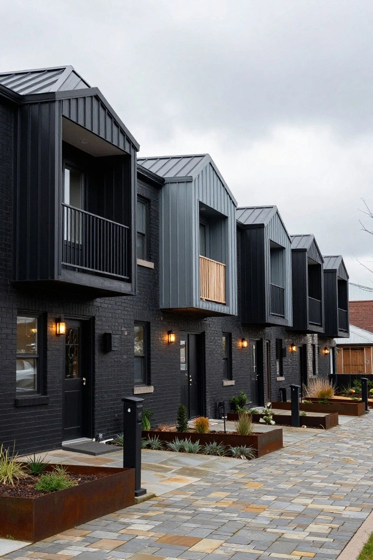 Row of four modern black brick townhouses with dark metal roofs, protruding cladding sections, balconies with railings, wall lanterns, black doors, and raised corten steel planters along a multicolored stone paver walkway.