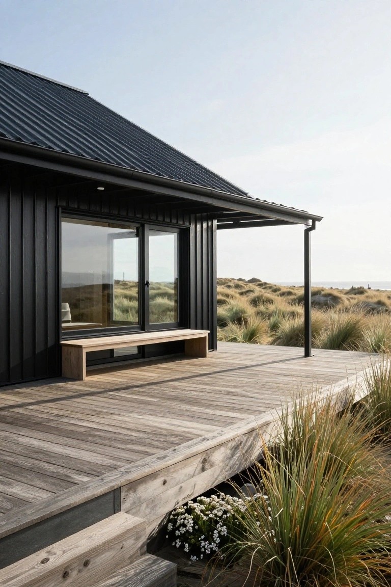 Side view of a black vertical-clad modern house with dark corrugated metal roof and overhanging eaves, large sliding glass doors, wooden bench on weathered deck, surrounded by sand dunes, grasses, and distant ocean.