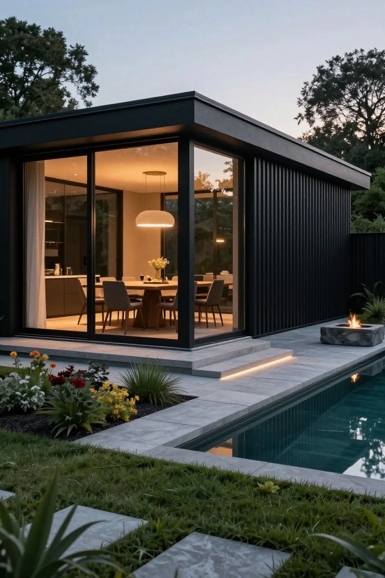 Modern black rectangular pavilion with corrugated metal siding and large glass doors overlooking a pool, steps, fire pit, and garden at dusk.