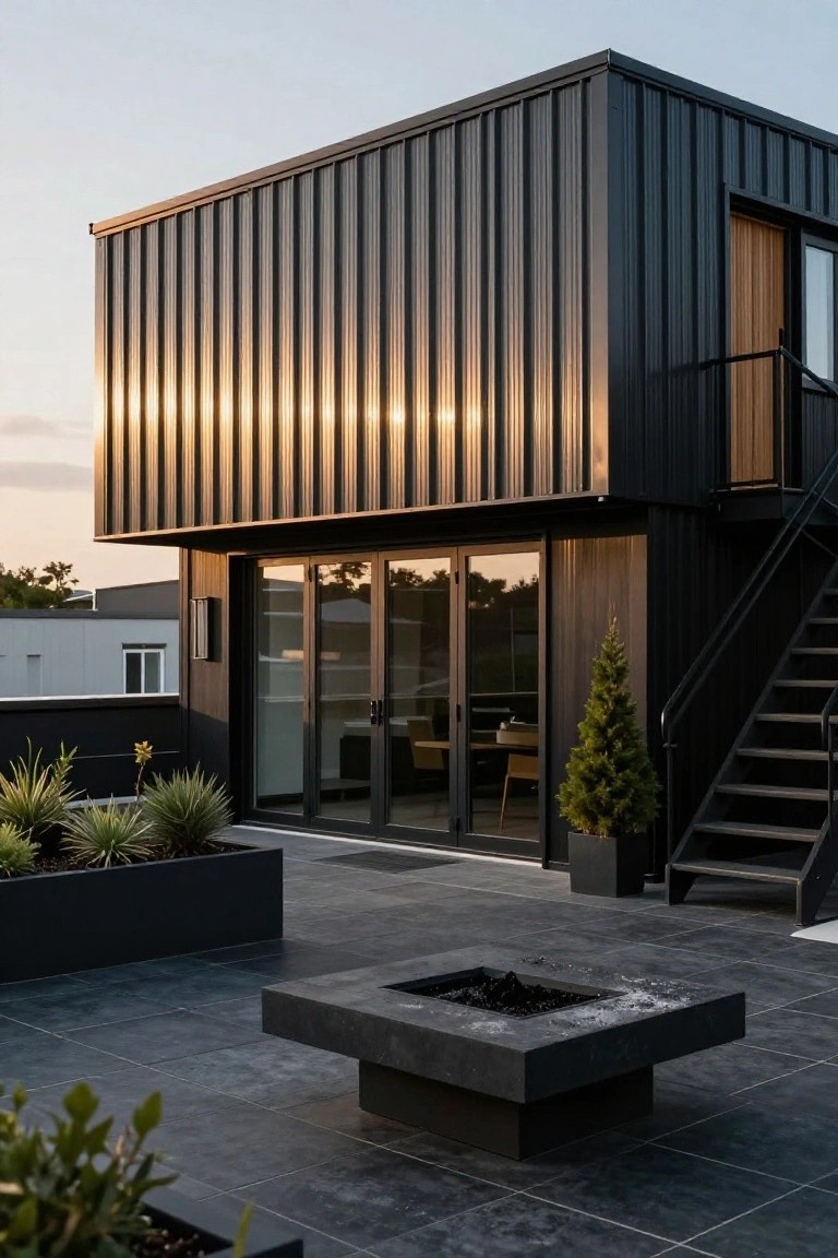 Black corrugated metal house exterior with sliding glass doors opening to a rooftop terrace that includes a central fire pit, potted plants, agave plants in black planters, and metal stairs at dusk.