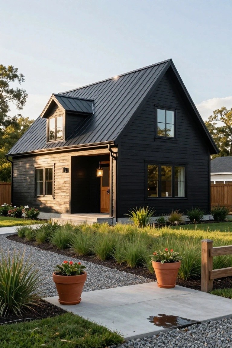 A small black gabled house with matte black metal roof, covered front porch featuring a wood door and lantern, potted plants on a gravel path, and ornamental grasses along the concrete walkway.